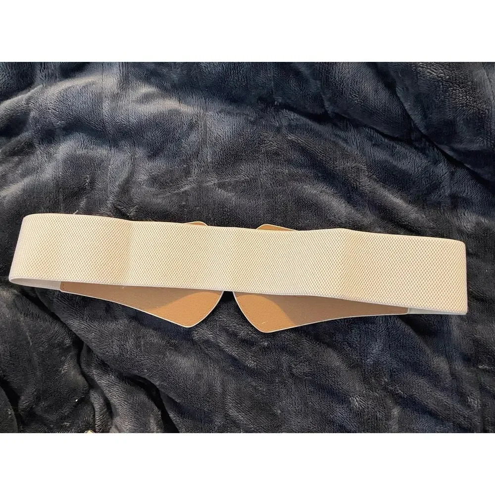 Faux Leather Obi Style Stretch Belt 1X Cream Gold Buckle